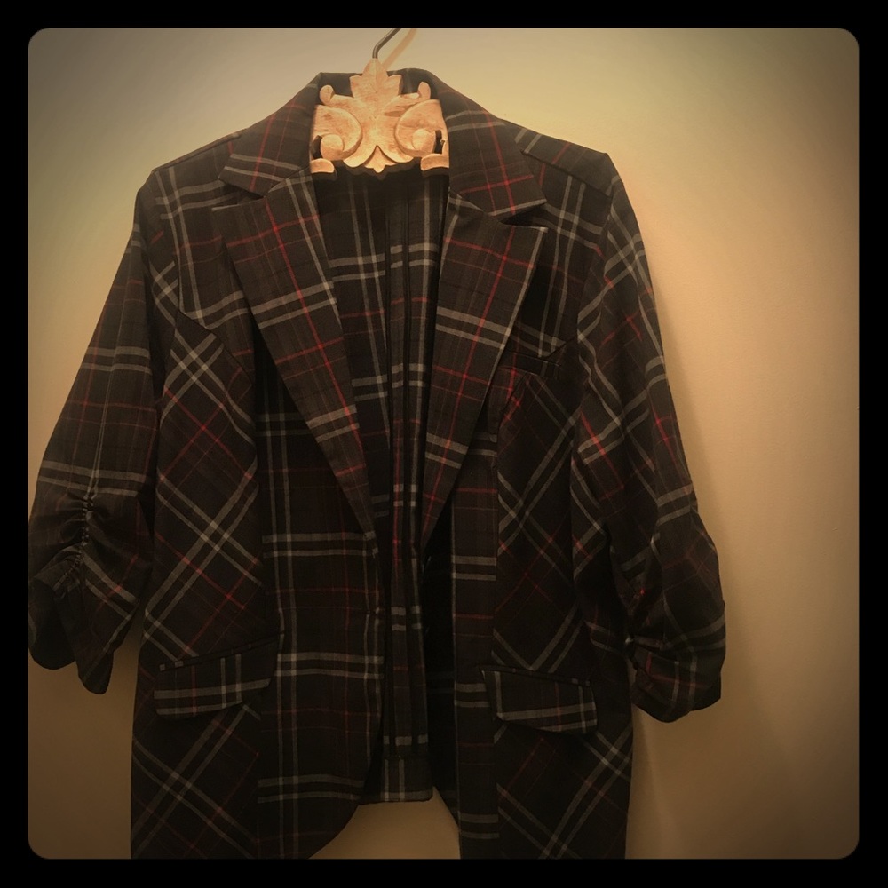 Red, Black and Gray Striped Blazer
